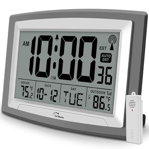 WallarGe Atomic Clock with Outdoor and Indoor Temperature – 12.5 Inch Self-Setting Digital Clock Large Display, Battery Operated Wall Clocks or Desk Clocks for Bedroom, Livingroom, Office
