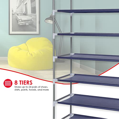 Multipurpose Portable Dust Free Wardrobe Storage Closet Rack For Shoes And Clothing 7 Tier/Fits 24 Pairs Of Shoes Heavy Duty Non Woven Material With Roll Down Cover (Navy) By Home Basics #TOP2