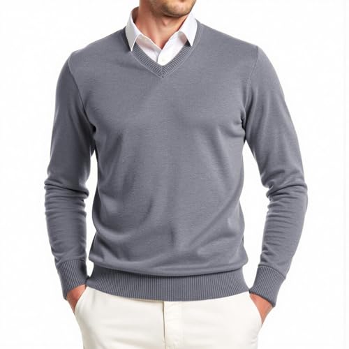 Misfuso Pull Homme à Col Chemise Pullover Homme Manches Longues Classiques en Maille Tricot l'automne Hiver Élégance Décontractée Gris M