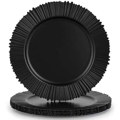Kazozobi 13 Line Black Charger Plates Classic Chargers for Dinner Plates Reusable Plastic Table Setting Bulk Event Party Wedding Festival Baby Shower