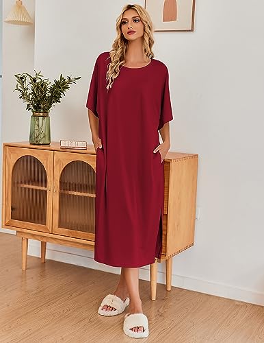 Image of Ekouaer Women's Nightgown Short Sleeve Sleepshirt Long Loungewear Casual Maxi Lounge Dress House Dresses with Pockets