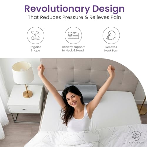 Image of MYARMOR Cool Gel Cervical Pillow for Neck Pain | Contour Design for Neck & Shoulder Pain Relief | Dual Height Ergonomic Support | 18 x 11 x 3.5 Inch | 2 Years Warranty | Grey Velvet Cover - Pack of 1