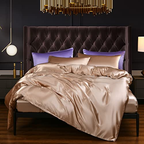 Cozy Bedding 100% Mulberry Silk 3 Pieces Duvet Cover Set 21 Momme Grade 6A+ Silk Comforter Cover with Zipper & Corner Ties King/Cal-King Gold Solid