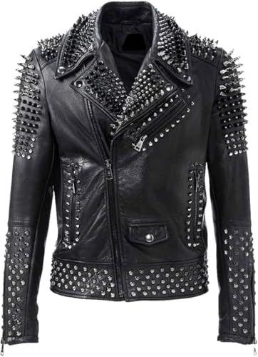 Men's Brando Black Golden Studded Leather Jacket - Punk Rock Silver Spiked Vintage Motor Biker Studded Jacket