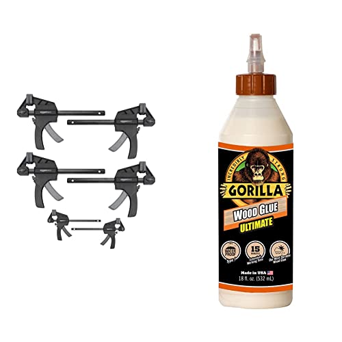 Amazon Basics 6-Piece Trigger Clamp Set - 2 Pieces 4-Inch, 4 Pieces 6-Inch & Gorilla Ultimate Waterproof Wood Glue, 18 Ounce, Natural Wood Color, (Pack of 1)