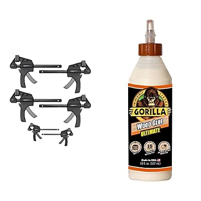 Amazon Basics 6-Piece Trigger Clamp Set - 2 Pieces 4-Inch, 4 Pieces 6-Inch & Gorilla Ultimate Waterproof Wood Glue, 18 Ounce, Natural Wood Color, (Pack of 1)