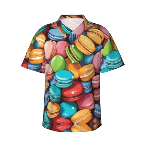 CPAQasg Camisa hawaiana con estampado de galletas macaron para hombre, para vacaciones, playa, verano, casual, boda, fiesta, Negro, L