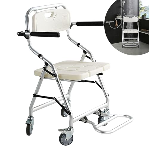 Aocay Fauteuil Roulant Douche, Tabouret de Douche sur Roulette, Chaise pour Douche Adulte Handicapé, Siège de Douche avec Accoudoirs - Robuste et Durable -...