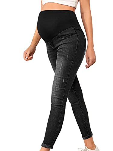 Floerns Women's Maternity High Waist Ripped Hem Denim Jeans Pants With Pocket Black M #TOP19