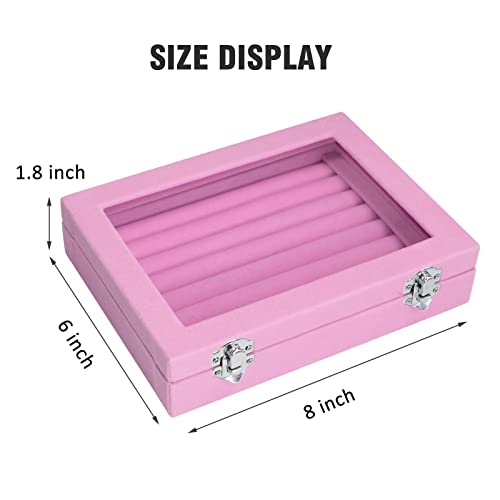 Rings Organizer Tray 7 Slots Velvet Jewelry Earring Storage Box with Transparent lid Jewelry Display Case for Girls Wife Mom Women (Pink)