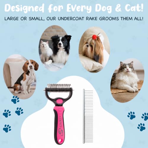 Image of Sinko Shedding Brush for Dog and Cat, Undercoat Rake & Comb with Extra-Wide Double-Sided Stainless Steel Teeth for Deshedding, Brushing, Removing Loose Fur, Knots, Mats & Tangles in Pets (pink)