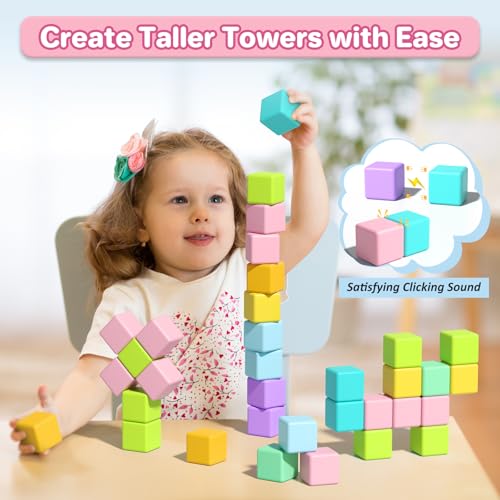 Image of Magnetic Blocks for Toddlers 3+, 56PCS 1.34in Large Macaron Magnet Building Cubes for Kids, Stem Preschool Stack Construction Educational Toys for 3-5 Years Old Boys Girls