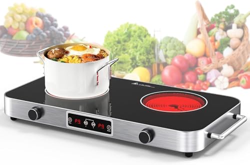 Plaque Vitrocéramique 2 Feux 2200W, Réchaud Électrique Portable 48cm, Contrôle Tactile et Molette, 9 Niveaux de Puissance, Compatible Tous Récipients,...