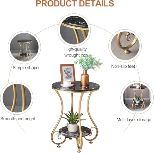 Image of Modern Double-Top Coffee Table with Rustic Farmhouse Accent, Multipurpose Living Room Bedroom, Two-Tier Small Sofa Side Bedside Table with Metal Frame Nightstand (Gold Black)