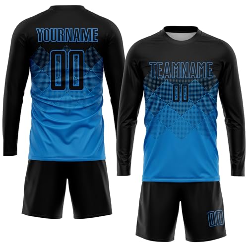 Custom Soccer Jerseys for Men Women Youth, Blue Black Personalized Long Sleeve Soccer Jersey Printed Name Number Logo Mens Clothing