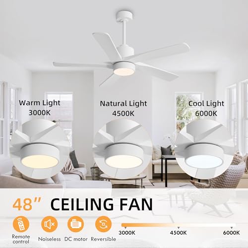 Image of WINGBO 48 Inch DC Ceiling Fan with Lights and Remote Control, 5 Carved Solid Wood Blades, 6-Speed Noiseless Reversible DC Motor, Indoor Ceiling Fan in Gloss White Finish with White Blades