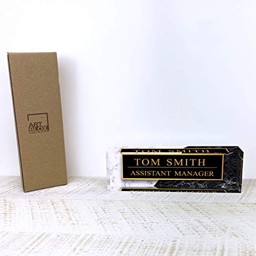 Artblox Office Desk Name Plate Personalized | Black & White Marble Design Printed On Clear Acrylic Glass | Custom Name Plates For Desks | Office Desk Decor - (8" X 2.5") #TOP4
