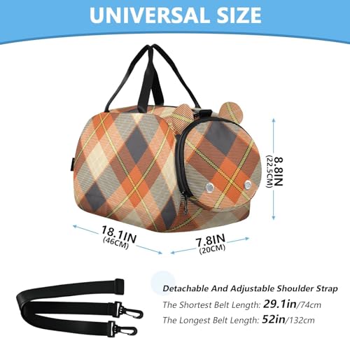 Orange Square Plaid Kids Travel Duffel Bag for Boys Girls Overnight Weekend Tote Bag with Shoes Compartment for Dance Gym Sports3