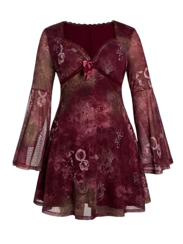 Image of BEAUDRM Women's Y2k Hippie Vintage Boho Dress Leopard Bell Long Sleeve V Neck Bow Mesh Goth Mini Dresses