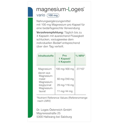 magnesium-Loges® vario 100 mg - 120 Kapseln - Nahrungsergänzungsmittel mit 100 mg Magnesium für eine bedarfsgerechte Einnahme