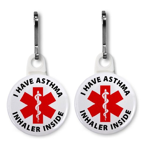 I HAVE ASTHMA INHALER INSIDE White Medical Alert 2-Pack 1 Zipper Pull Charms