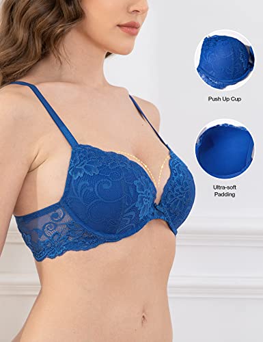 Deyllo Women’s Push Up Lace Bra Comfort Padded Underwire Bra Lift Up Add One Cup(Sapphire Blue,32B) #TOP1