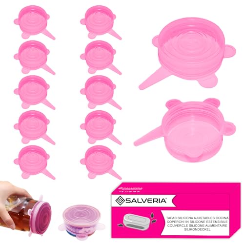 Tapas Silicona Ajustables Cocina 12 uds para latas botes vasos tazas Universales y Ecologicas Sin BPA y Apta para Lavavajillas Resistencia a Altas y Bajas Temperaturas rosa
