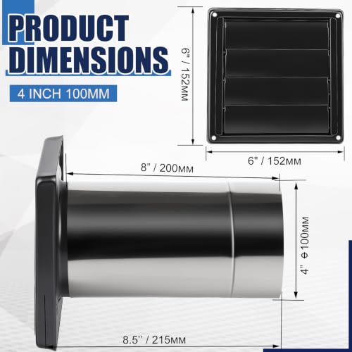 Image of Shimeyao Wall Vent Cover Stainless Steel Outside Dryer Vent Covers for House Exhaust Duct Kit with Removable Extension Pipe 8 Inch and 4 Screw for House Outdoor Extended Air Pipe (4 inch,Black)