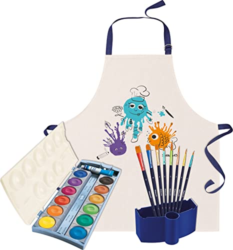 Pelikan Deckfarbkasten K12® eco inkl. Deckweiß, 12 Farben - Malset inkl. Baumwollschürze, 8 Pinsel in Premiumqualität (langlebige Synthetikpinsel) und passender Wasserbox