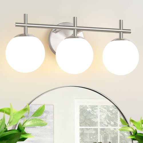 Image of 3-Light Bathroom Light Fixtures with Milky White Glass, Brushed Nickel