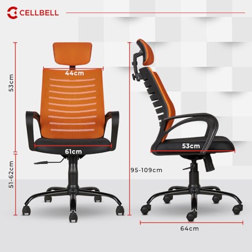 Image of CELLBELL Desire C104 Mesh High Back Ergonomic Office /Study Revolving /Computer Chair for Work from Home - Metal Base, Seat Height Adjustable, Orange