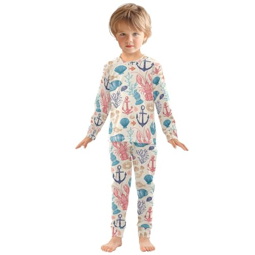 ALAZA Cartoon Lobster Coral Boat Anchor Seashell Pajamas Long Sleeve Sleepwear 2-Piece Pajama Set3