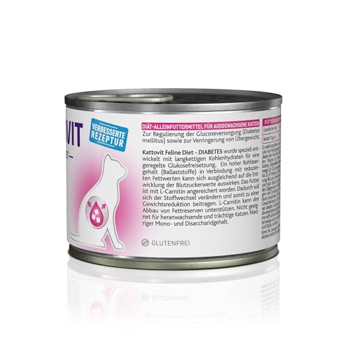 KATTOVIT - Diabetes Nassfutter für Katzen | Diät-Katzenfutter als Alleinfuttermittel in der Dose für Katzen mit Diabetes. Blutzuckerregulierendes Katzendiätfutter | 12 x 185 g Huhn