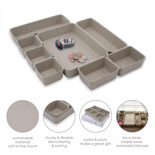 Image of Welaxy Minimalist Felt Desk Drawer Organizer Tray 8pc Stone Storage Bins