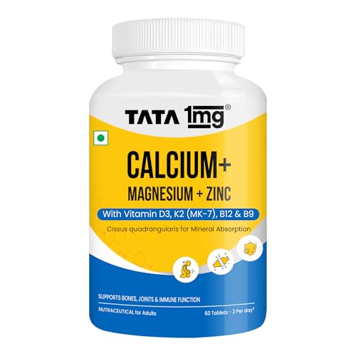 Image of Tata 1mg Calcium Magnesium Zinc Tablets | With Vitamin D3 600 IU, K2-7, B12 & Folic Acid | Hadjod & Black Pepper Extract | Bone & Joint Support Supplement for Adults | 60 Tablets