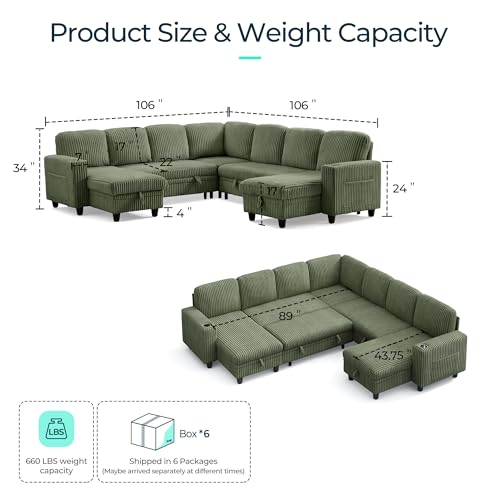 Image of LINSY HOME Sectional Sleeper Sofa with Pull Out Couch Bed - Convertible Plush Corduroy Cloud Couch with Storage Chaise & USB Charging, Comfy Modular Couches for Living Room, Green