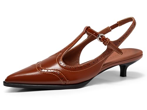 Coutgo Womens Slingback Kitten Heels Oxford T Strap Pumps Low Heel Closed Pointed Toe Vintage Dress Shoes