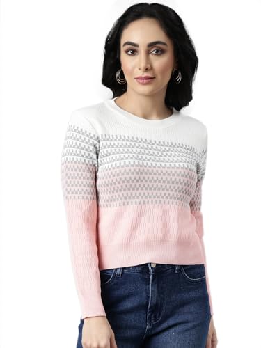 Image of SHOWOFFFF Women Geometric Fitted Casual Top | Round Neck Full Sleeves Knitted Top's for Womens | Regular Fit Midi Tops for Women's