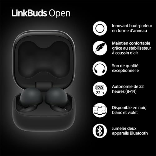 Sony LinkBuds Open - Ecouteurs Ouverts Bluetooth sans Fil - Son Transparent, Confortables, 4, 8g, Haute qualité sonore, IPX4, Connexion multipoint, Batterie 22h, iOS et Android - Noir