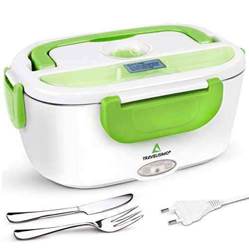 TRAVELISIMO Fiambrera Electrica para Oficina Trabajo 220V, Calienta Comida en Minutos, Fiambrera Termica Termo Comida Caliente Acero Inoxidable 1.5L 40W, Tupper Electrico Portatil Tenedor y Cuchillo