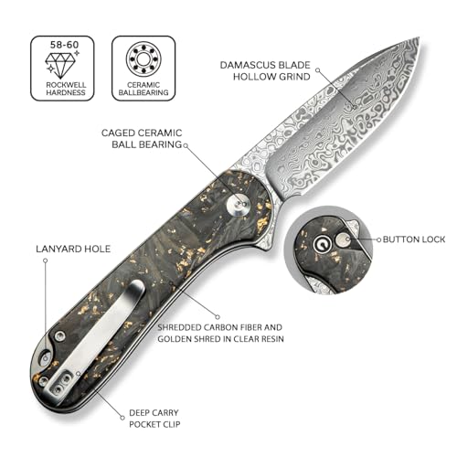Image of CIVIVI Elementum II Pocket Folding Knife, 2.96 inch Damascus Blade Knife with Deep Carry Pocket Clip for EDC Camping Hiking Hunting C18062P-10