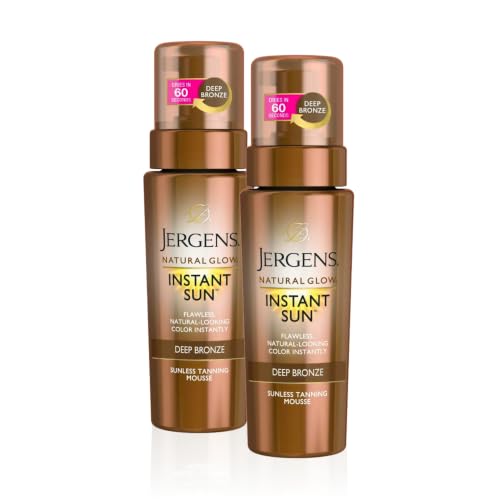 Image of Jergens Natural Glow Instant Sun Body Mousse, Self Tanner for Deep Bronze Tan, Sunless Tanning Body Bronzer for Natural Looking Color Instantly, 6 Oz, Pack of 2