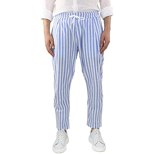 WABEOR Striped Pants for Men Cotton Linen Loose Fit Straight Trousers Breathable Casual Elastic Waist Drawstring Lounge Pants3