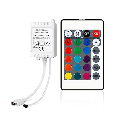 VIPMOON 24-Key IR Wireless Remote LED Controller with 4 Pin IR Receiver, DC 5V/12V/24V RGB Control Box IR Remote Controller for SMD 3528 5050 2835 RGB LED Strip Lights