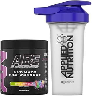 Applied Nutrition Bundle ABE Pre Workout 375g + 700ml Protein Shaker | All Black Everything Pre Workout Powder, Energy & Physical Performance with Creatine, Beta Alanine (Sour Gummy Bear)
