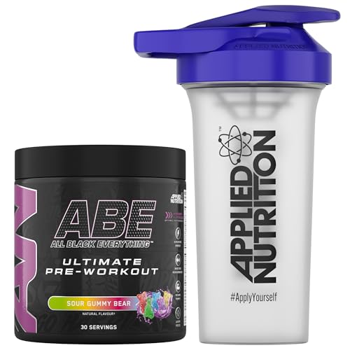 Applied Nutrition Bundle ABE Pre Workout 375g + 700ml Protein Shaker | All Black Everything Pre Workout Powder, Energy & Physical Performance with Creatine, Beta Alanine (Sour Gummy Bear)