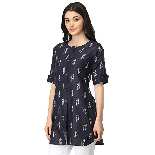 Image of OM SAI LATEST CREATION Slub Rayon Fully Stitched Anarkali Foil Print Kurti for Women & Girls on Jeans Palazzo or Skirt (Plus Size Upto 2XL) (Black)
