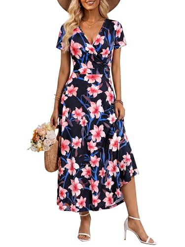 Image of HUHOT Women's Short Sleeve Wrap V Neck Dresses for Wedding Guest Summer Floral Maxi Sundresses with Pockets Boho Dress