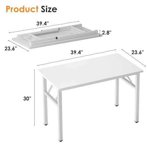 Image of Need 39.4 Inch Folding Desk for Small Spaces, Home Office Computer Desk with White Wood Top & Metal Frame, Foldable Writing Table for Study, Bedroom, Dorm Room & Student