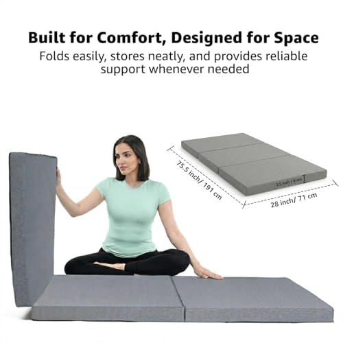 Image of Amazon Basics 3-Fold Foam Single Mattress | Foldable Floor Mattress for Guests, Travel & Easy Storage | High-Resilience Foam | Removable Washable Polyester Cover | 75.5 x 28 x 2.5 Inch